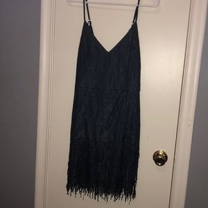 Blue Lace Mini-Dress with Fringe